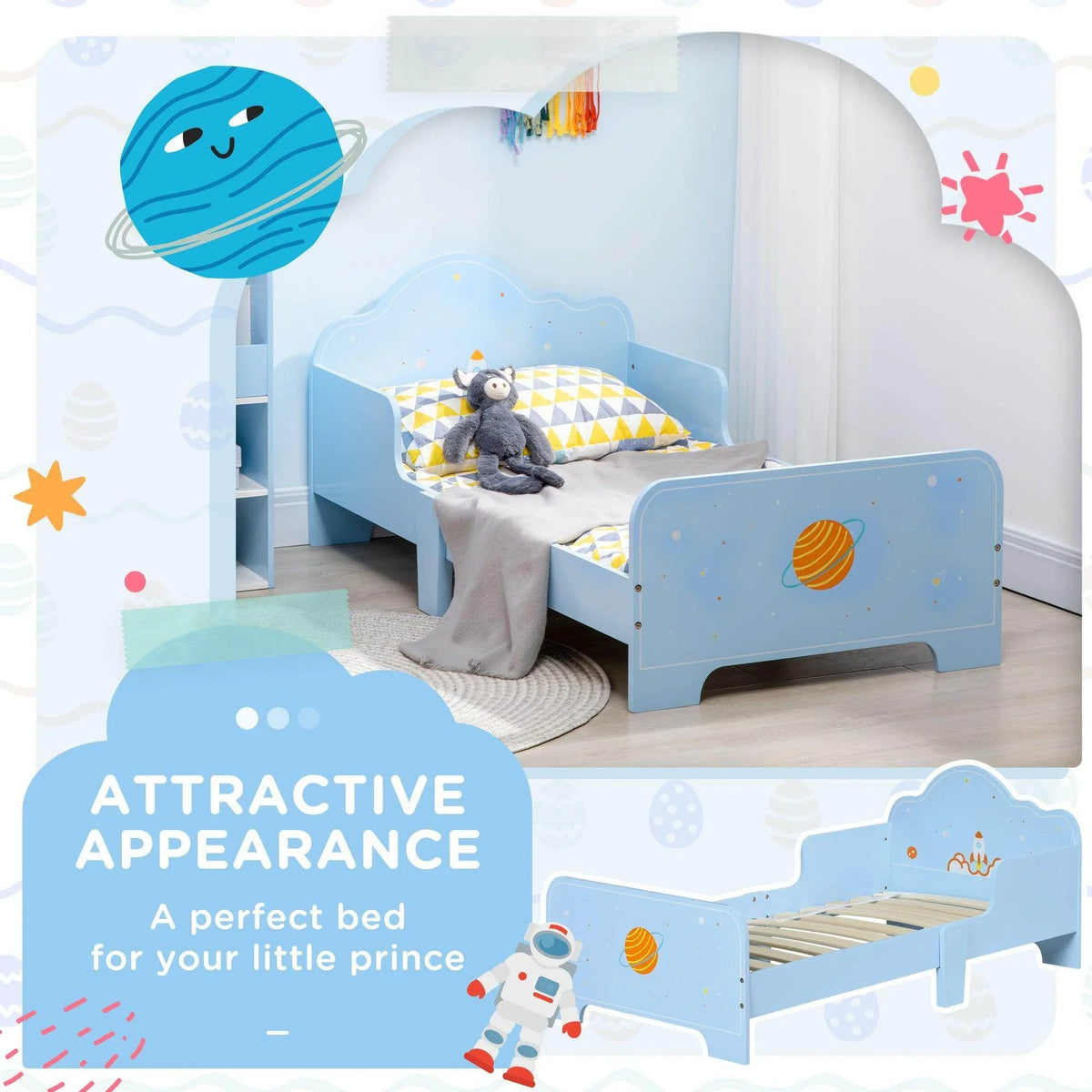 Light blue toddler bed with low front guard and side rails, space pattern