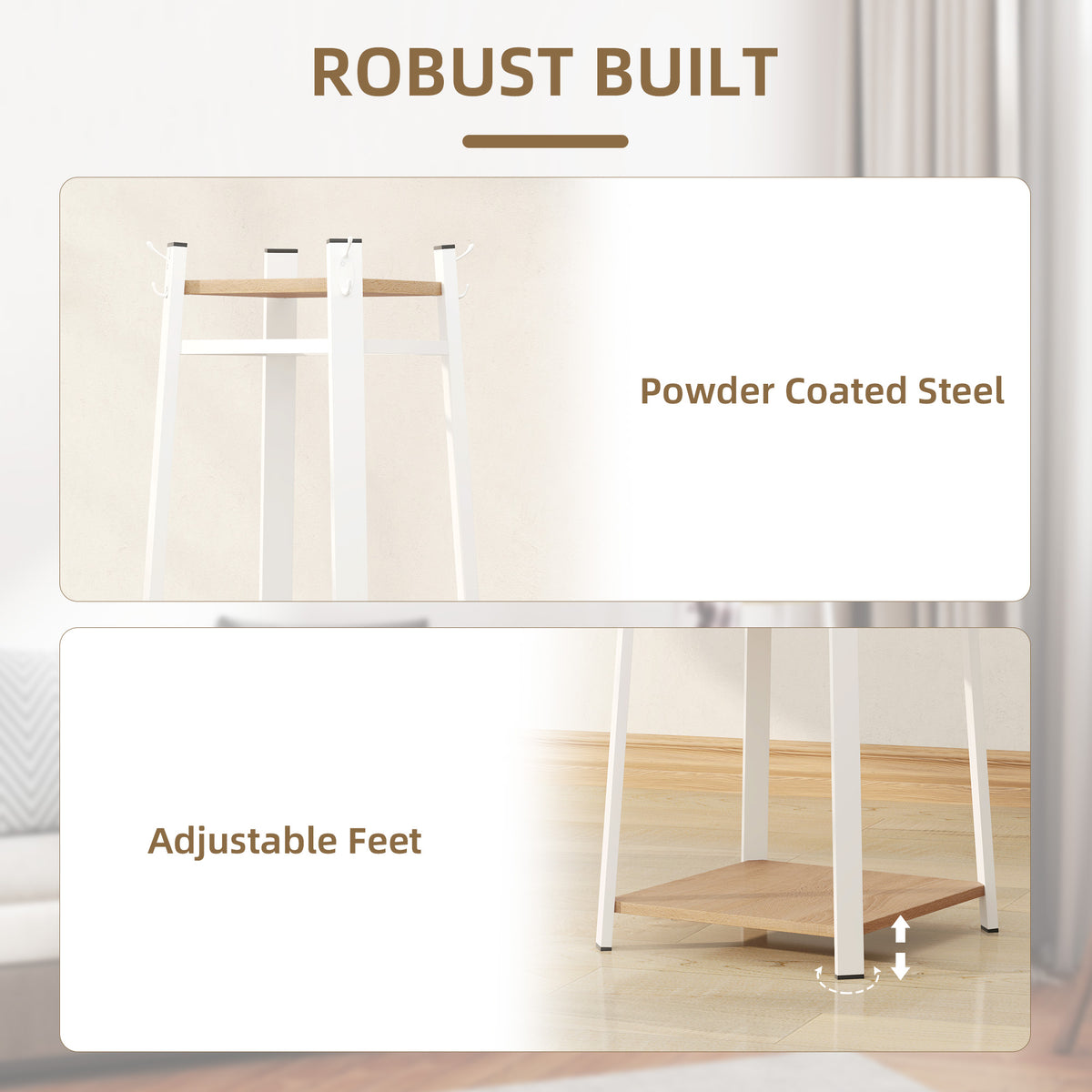 White coat rack with powder-coated steel frame and adjustable feet