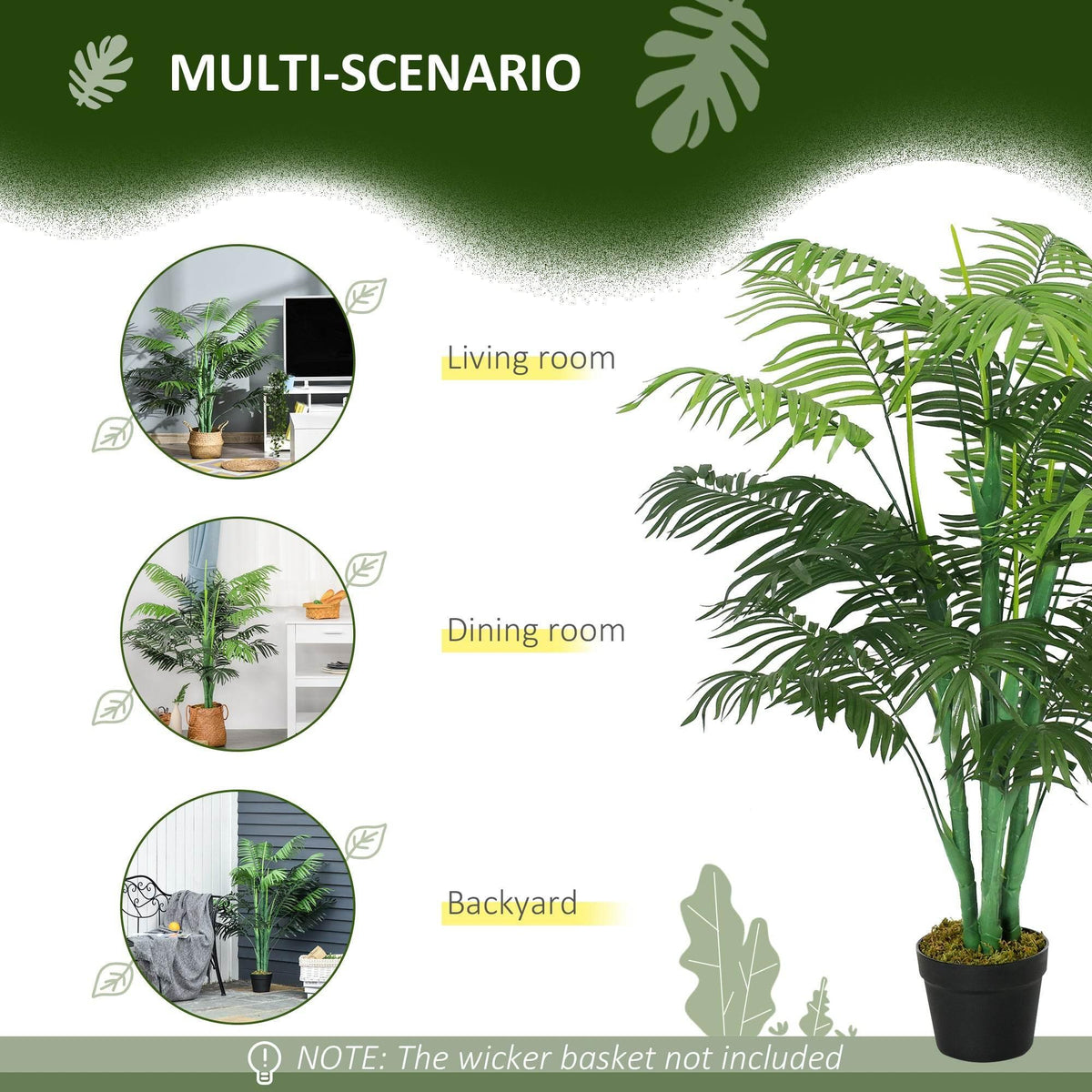 Artificial palm tree in black pot with green faux fronds for indoor room decor