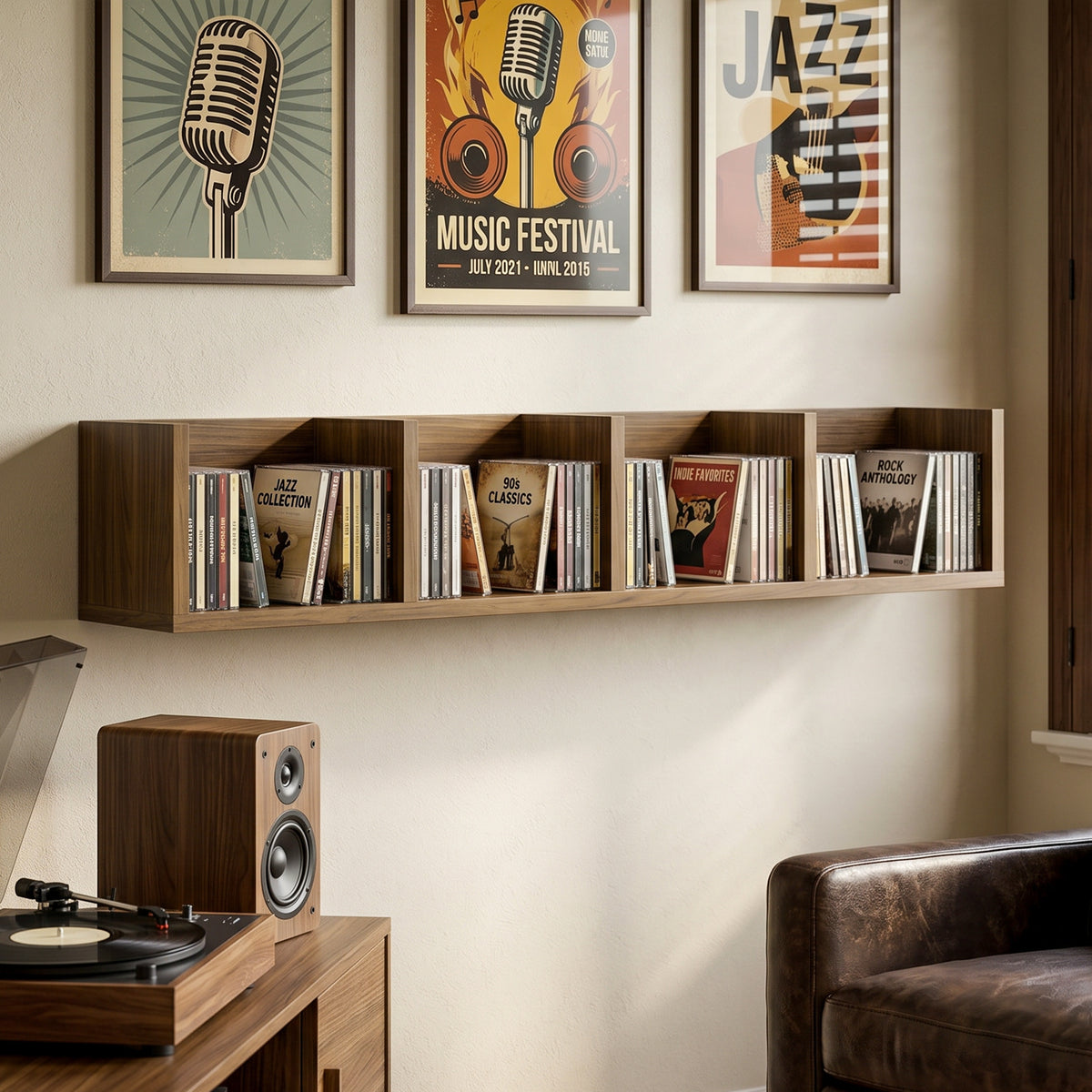 Walnut wall-mount CD/DVD storage rack with four open cubes holding CDs