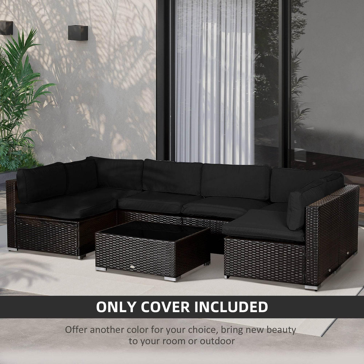 Black outdoor rattan sofa cushion covers installed on the sectional seating set.