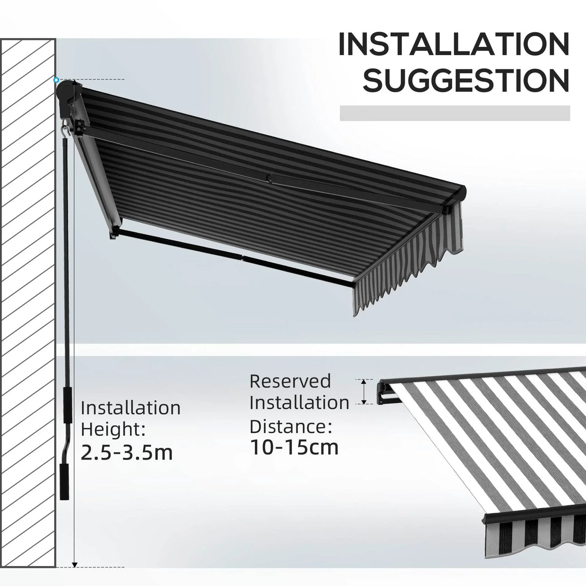 Wall installation of striped retractable awning with mounted support bars