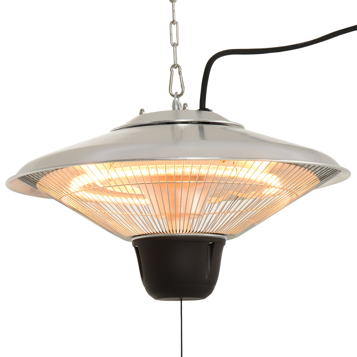 Ceiling-mounted halogen heater with hanging chain, black base, and metal mesh front