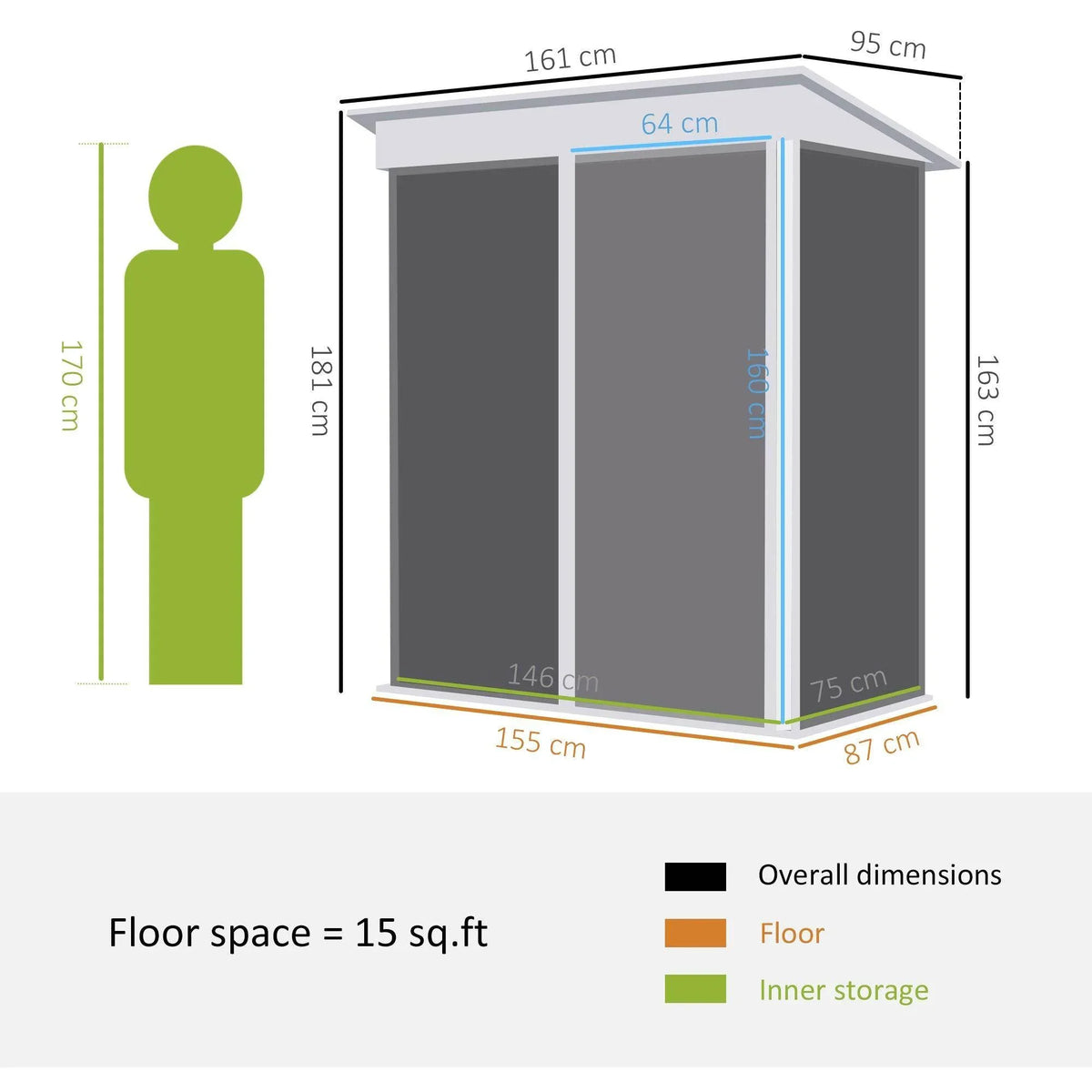 Steel shed size diagram with overall dimensions for the small lean-to model