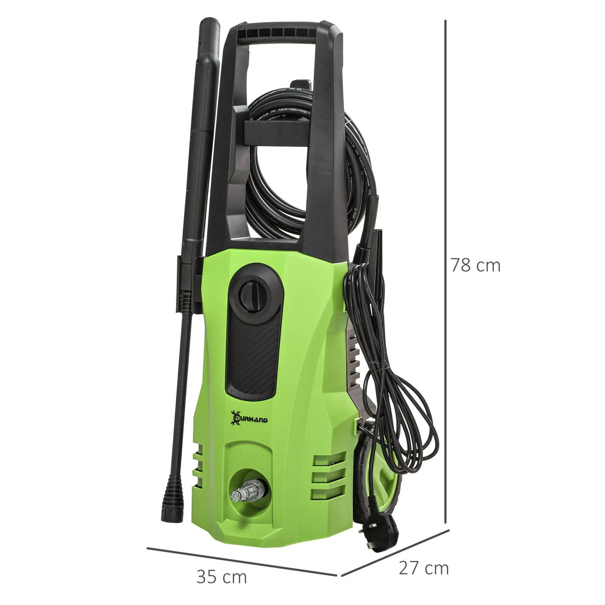 Green and black portable pressure washer unit with coiled hose and cord