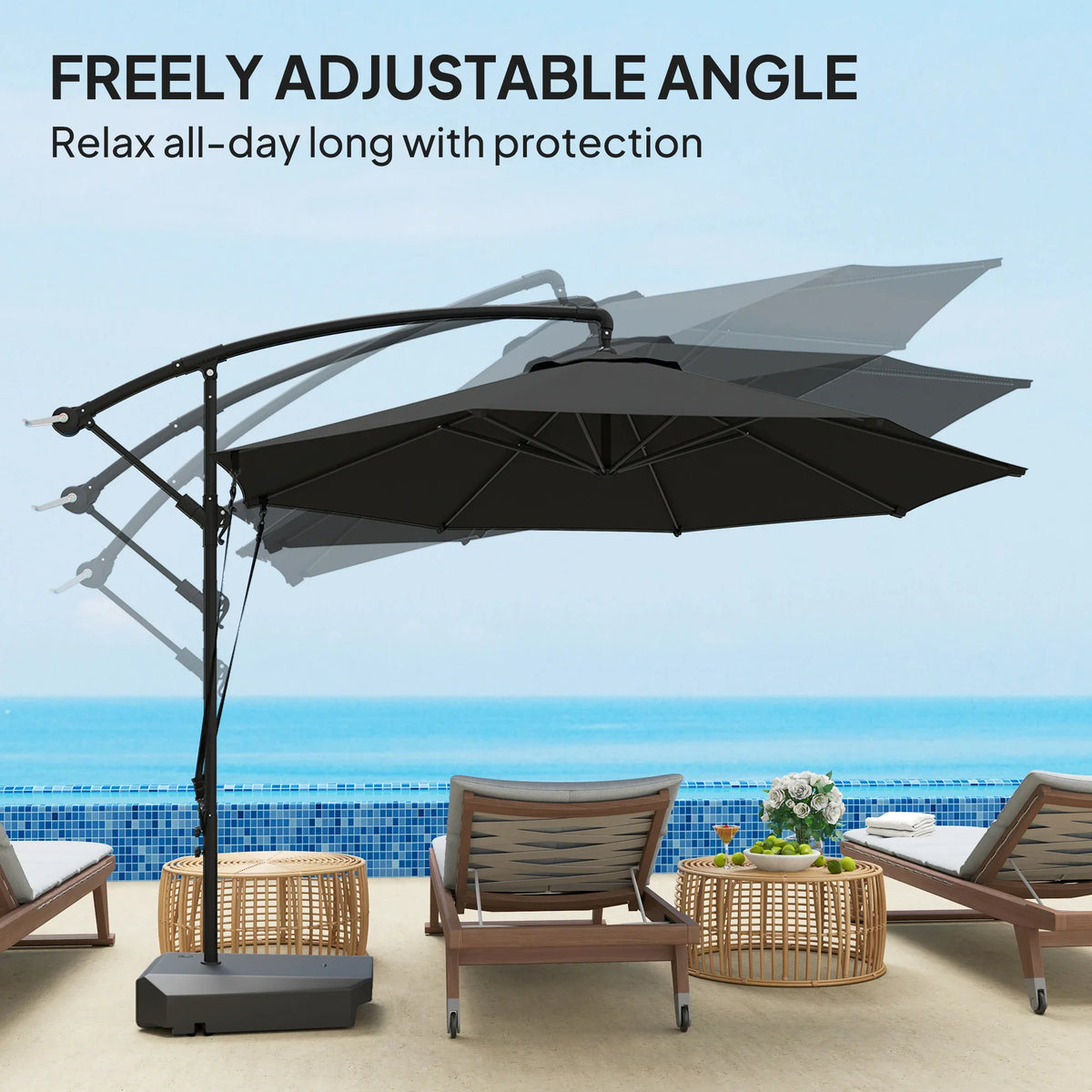 Grey cantilever patio umbrella with tilt canopy over outdoor seating set