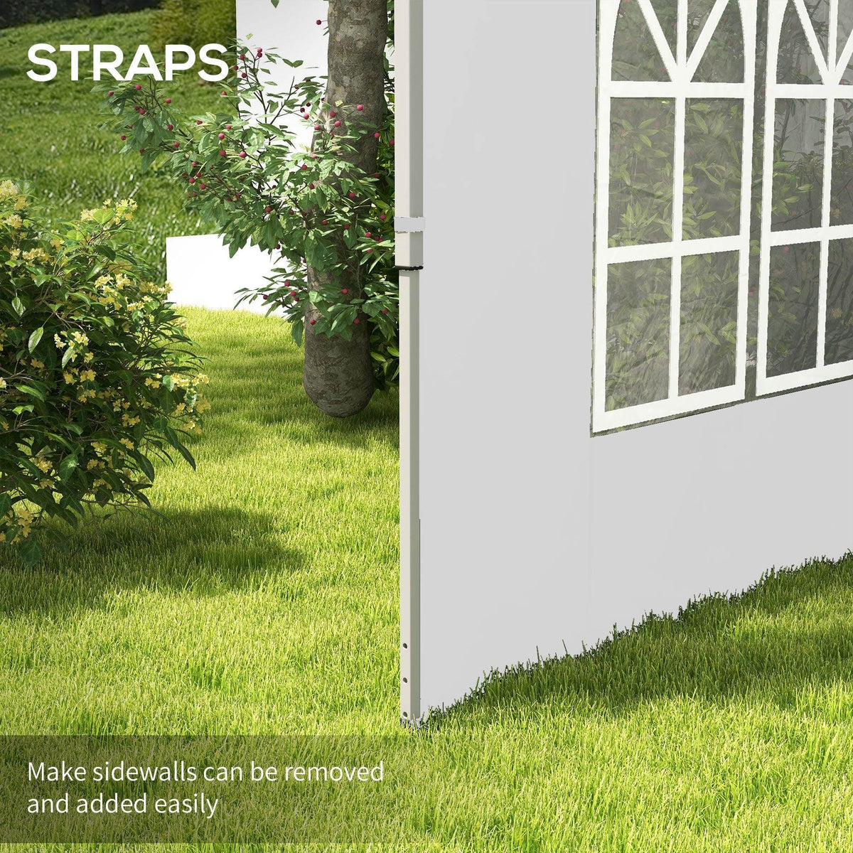 White gazebo side panel with strap for easy attachment and removal