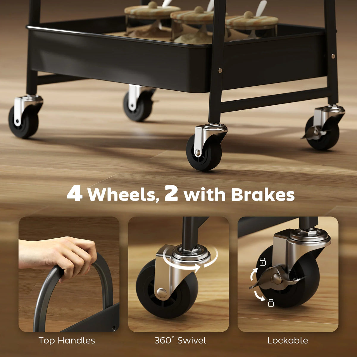 Rolling storage trolley with four casters, black frame, rustic brown 3-tier tabletop