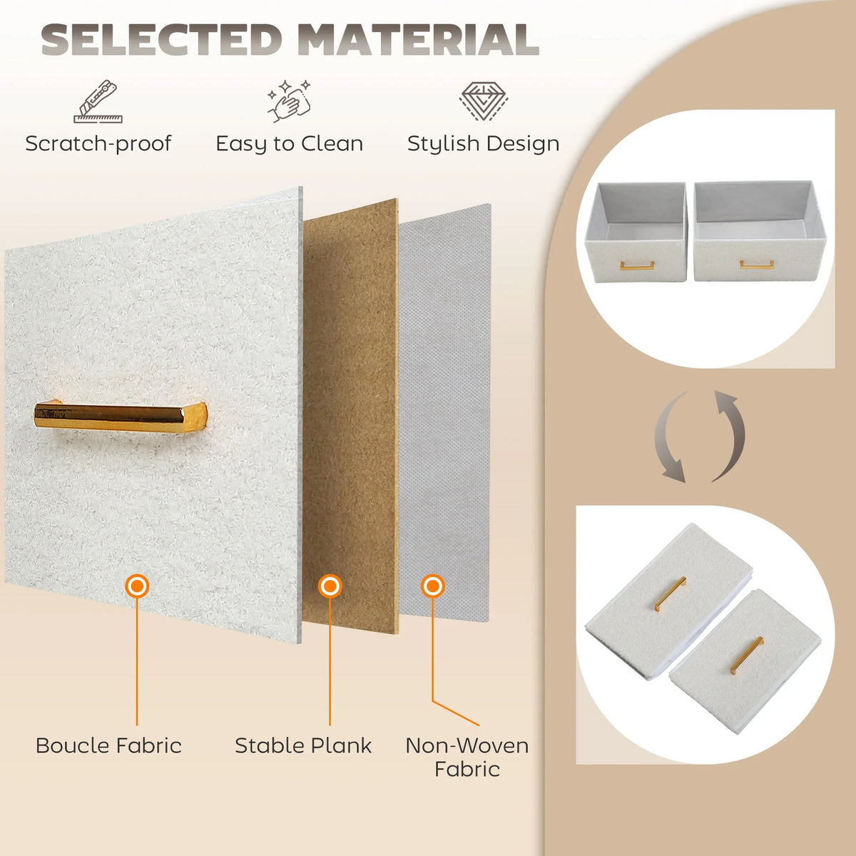 Textured boucle fabric dresser drawers with gold bar handles, fabric storage organizer