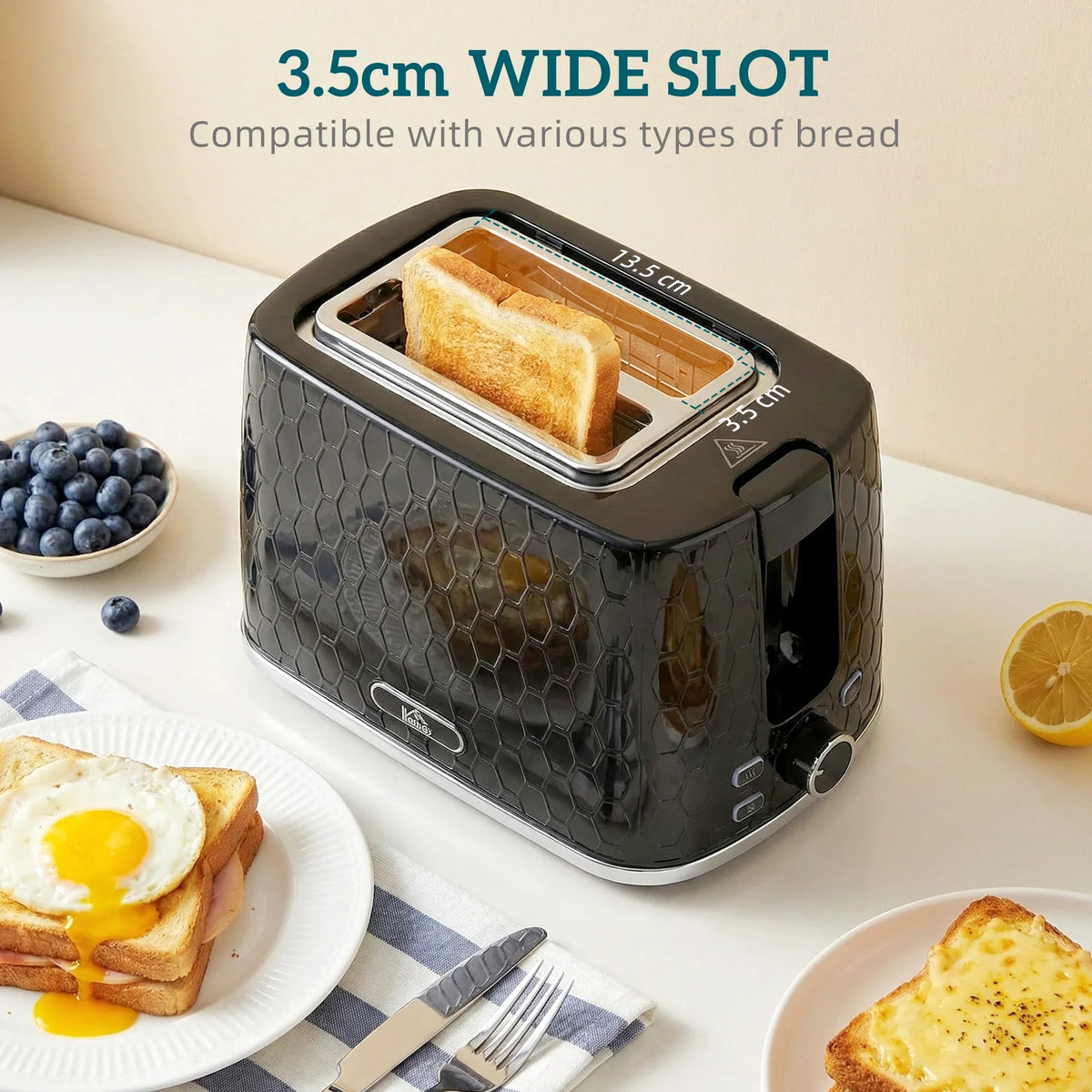 Black 2-slice toaster with extra-wide slots for thick bread slices