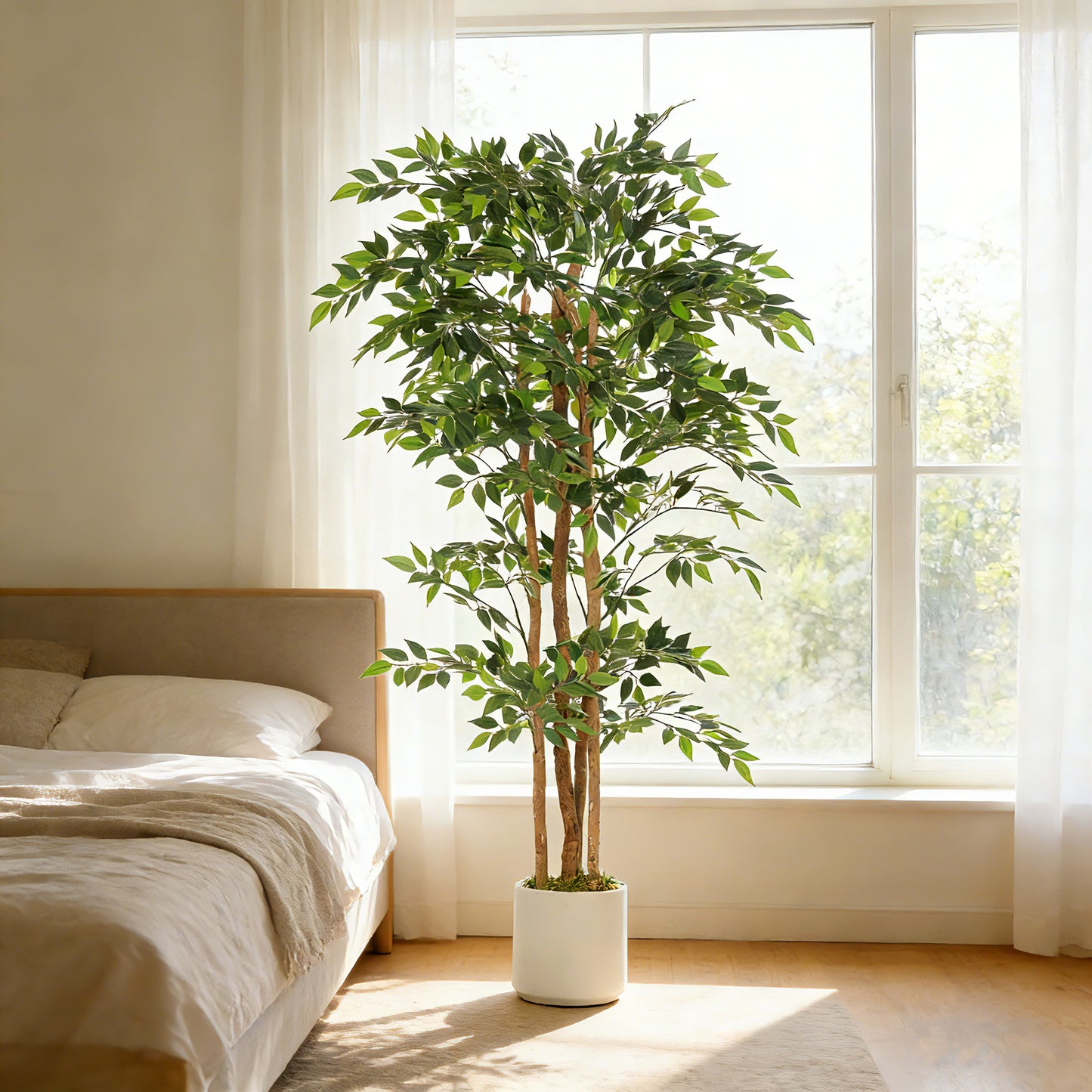 HOMCOM 180cm Artificial Ficus Tree With Solid Wood Trunk In White Pot For Indoor Decor Real Touch Leaves