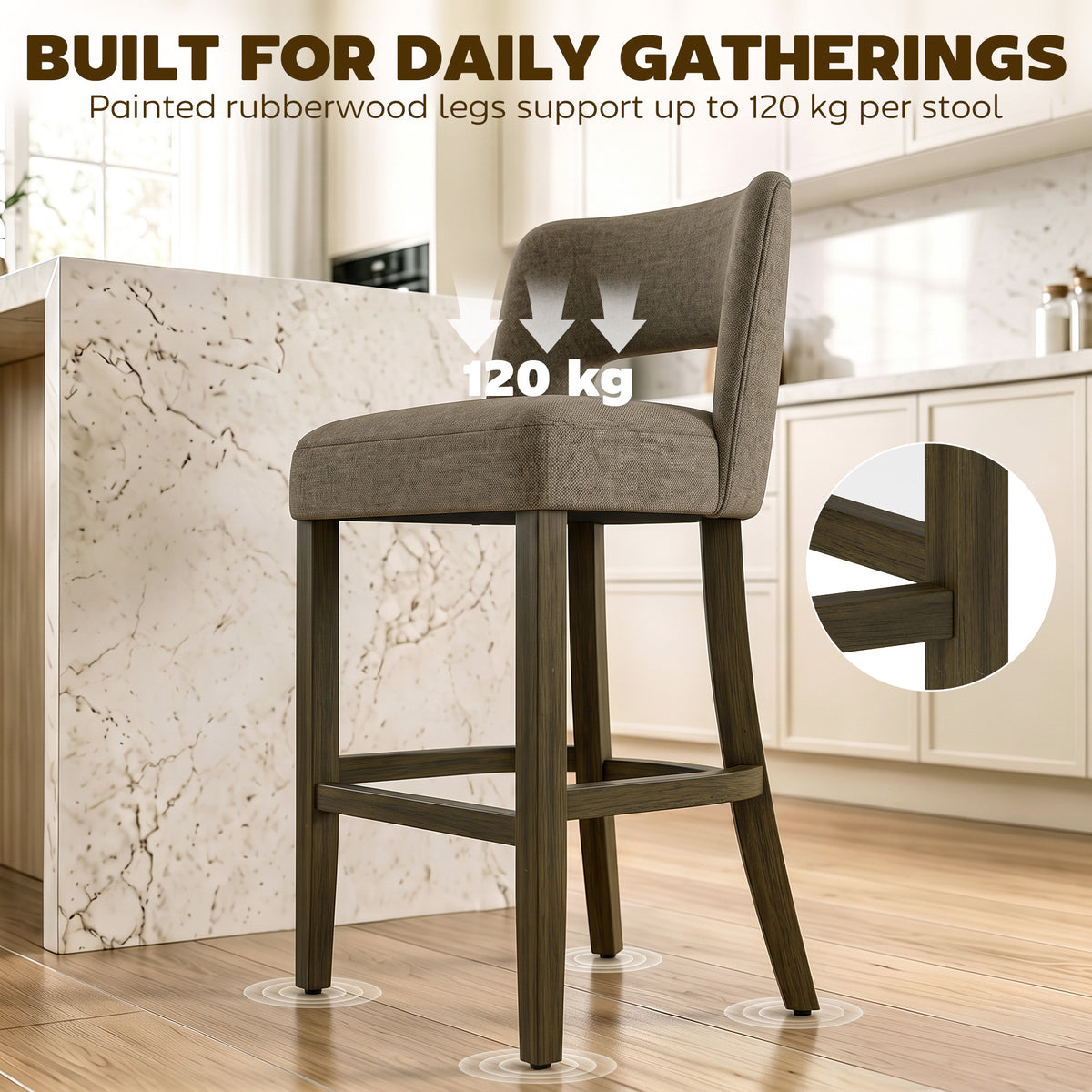 Bar stool with curved backrest and dark chenille seat on painted rubberwood legs