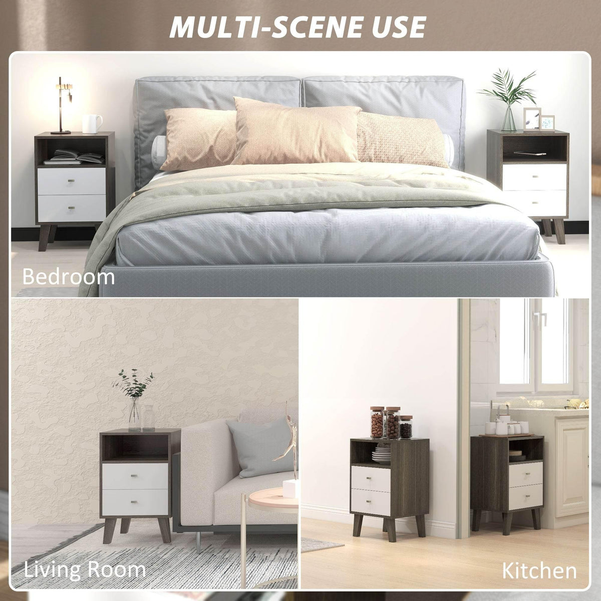 Nightstand set with white drawers and open cubby shelves for bedroom storage.