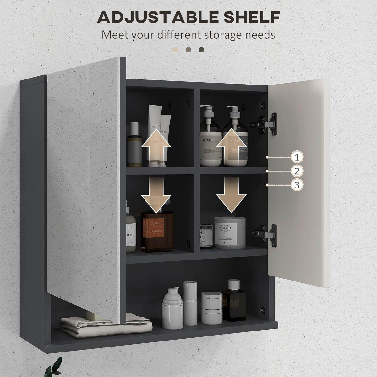 Bathroom storage cabinet with adjustable interior shelf and multiple compartments, grey