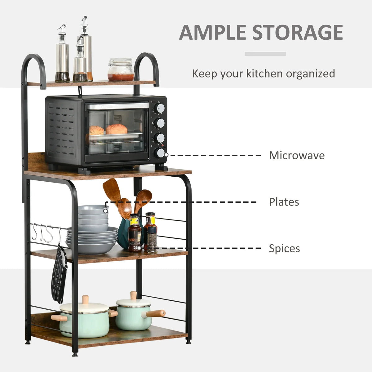 Rustic brown baker rack microwave stand holding a microwave and kitchenware on shelves