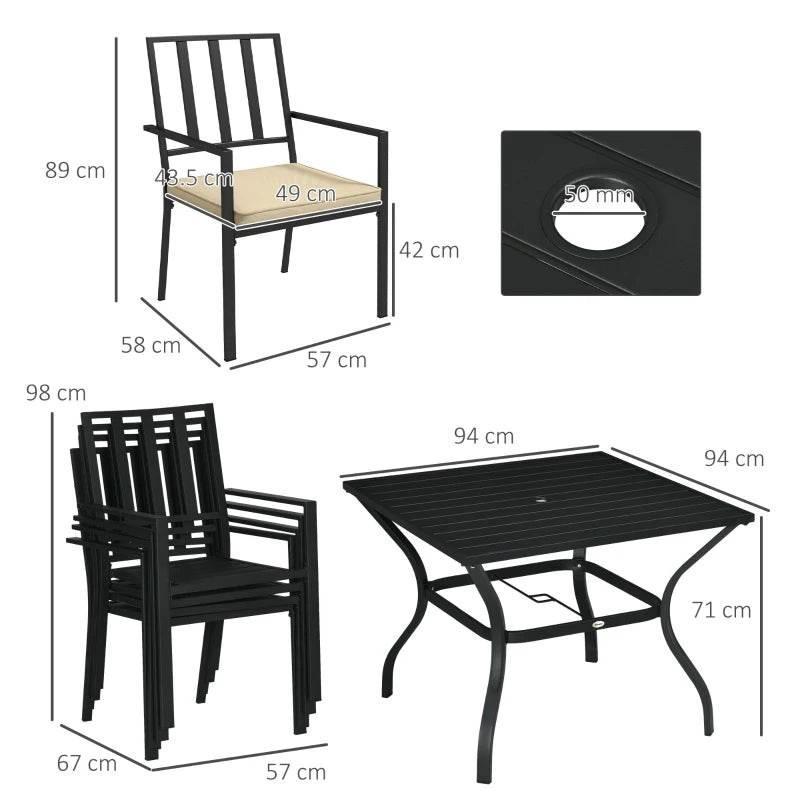 Four stackable dining chairs with beige cushions and a black metal dining table