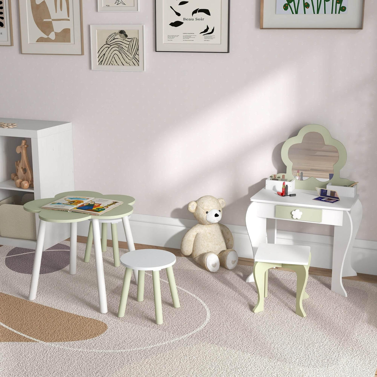 Kids vanity table set with white cabinet, light green top, two stools, flower details