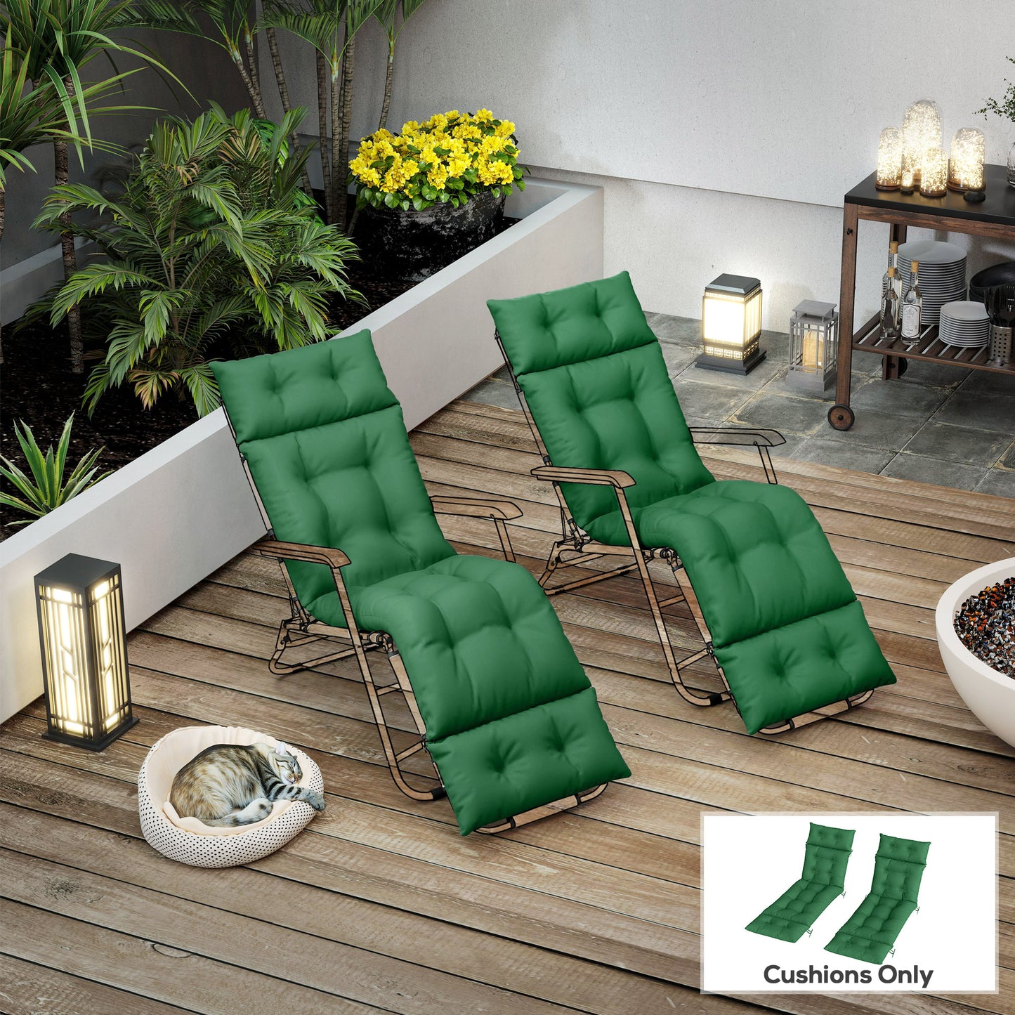 Outsunny Set Of Two 190 X 56 Cm Sun Lounger Cushions Green For Outdoor Recliners With PP Foam Fill And Polyester Covers