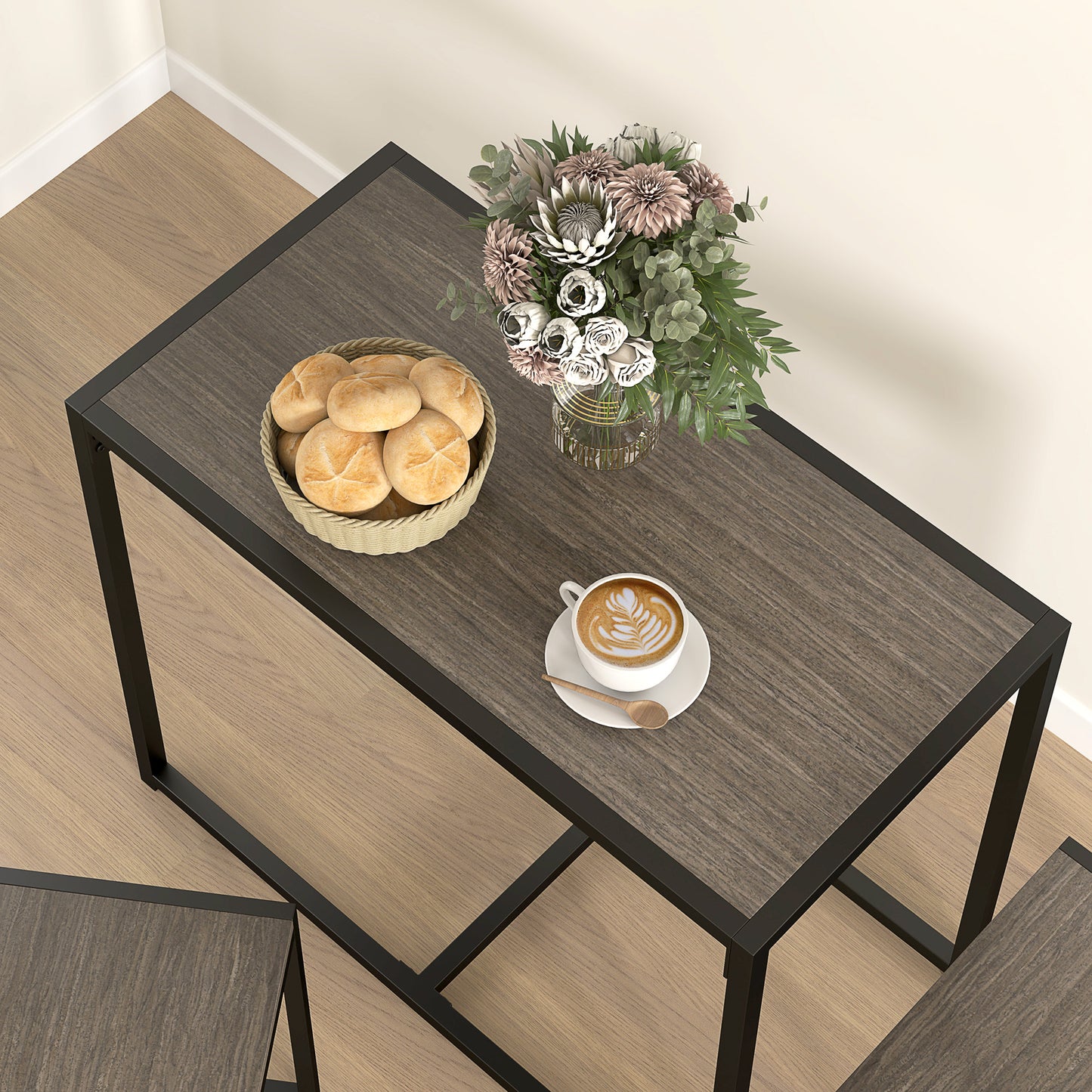 HOMCOM Dining Table And Chairs Set 2 Piece Space Saving Rectangular Table With 2 Chairs Steel Frame Grey Wood Effect