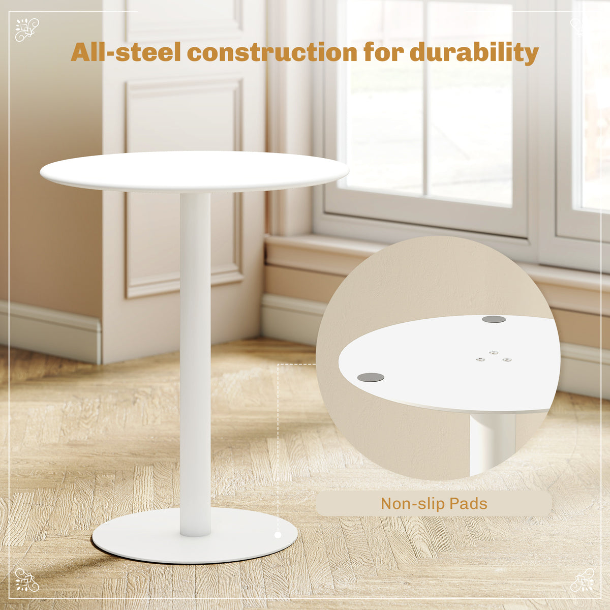 White round dining table on pedestal base with non-slip pads shown