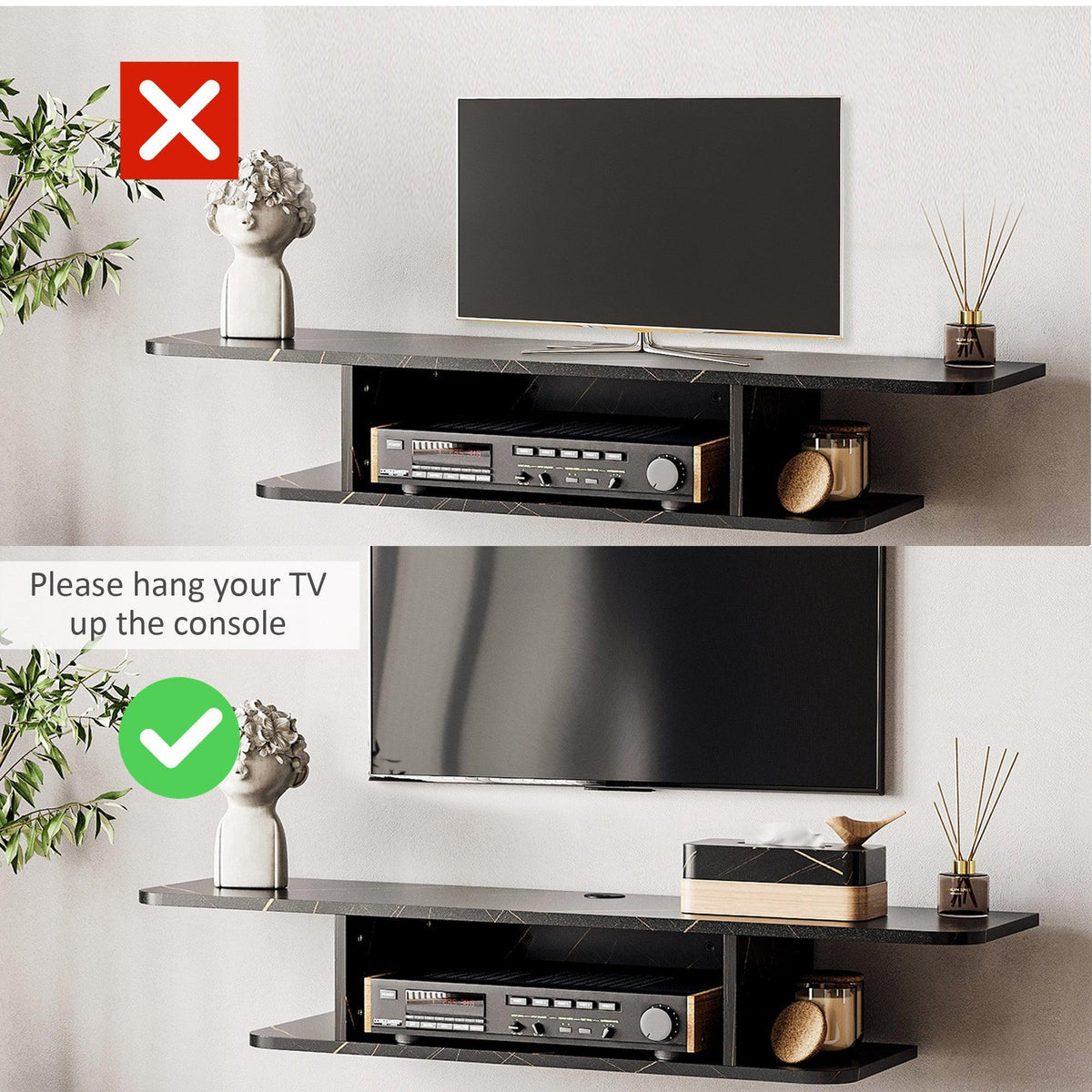 Black floating TV stand with two open shelves for media and display items.