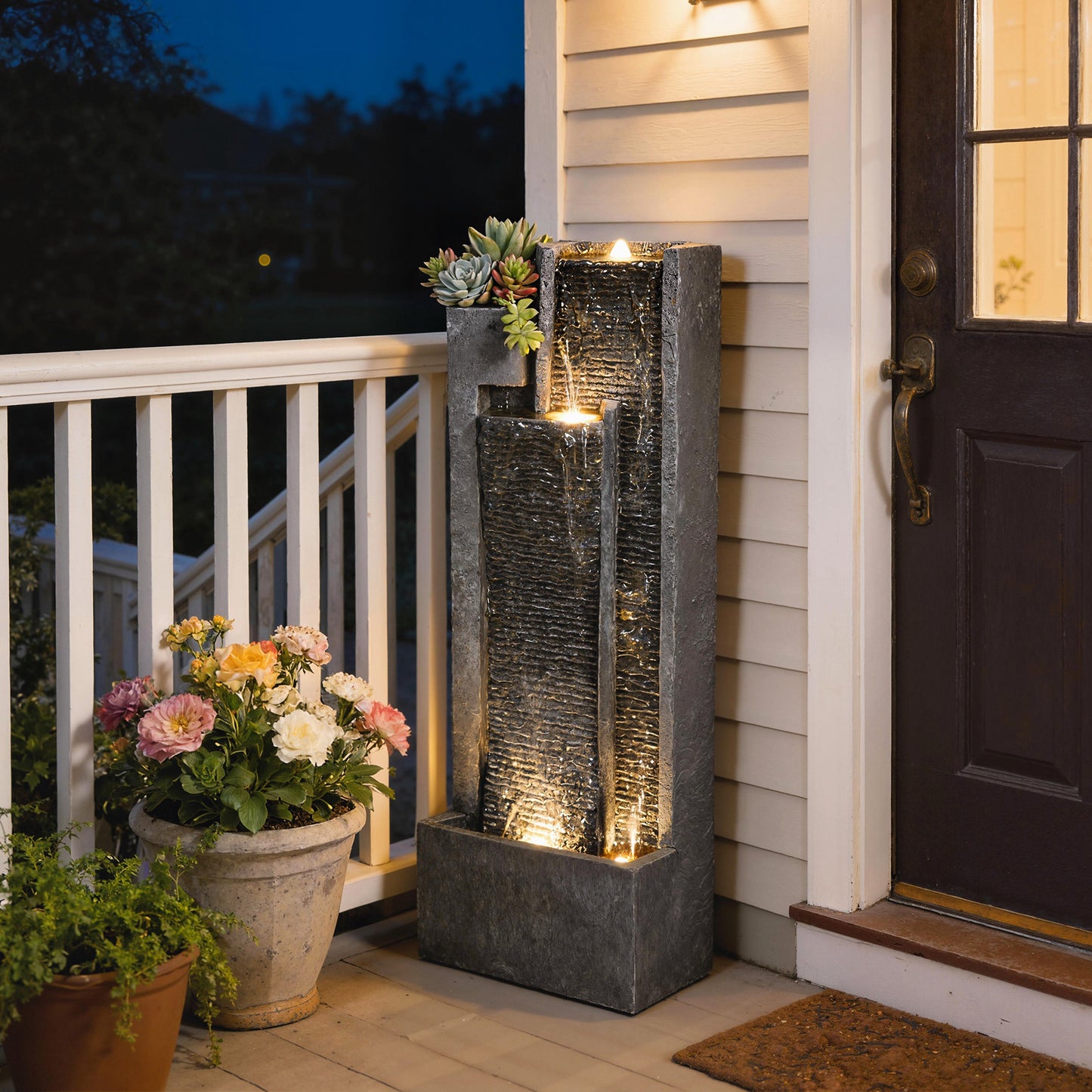Outsunny LED Water Feature With Planter 3 Tier Garden Fountain Pump Resin Dark Grey