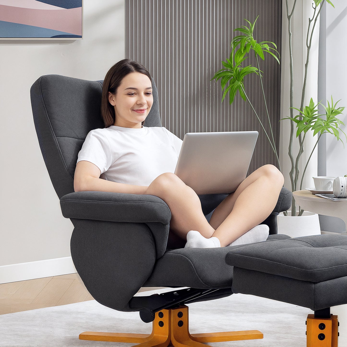 HOMCOM Linen Look Recliner With Hidden Storage Ottoman In Grey 145 Degree Recline And Wooden Base
