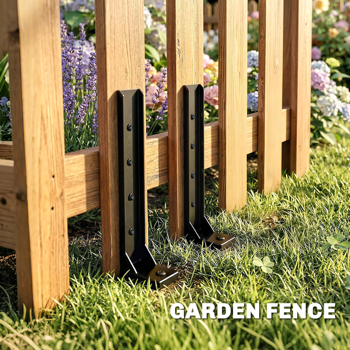 Black metal fence post support brackets anchored beside wooden fence rails