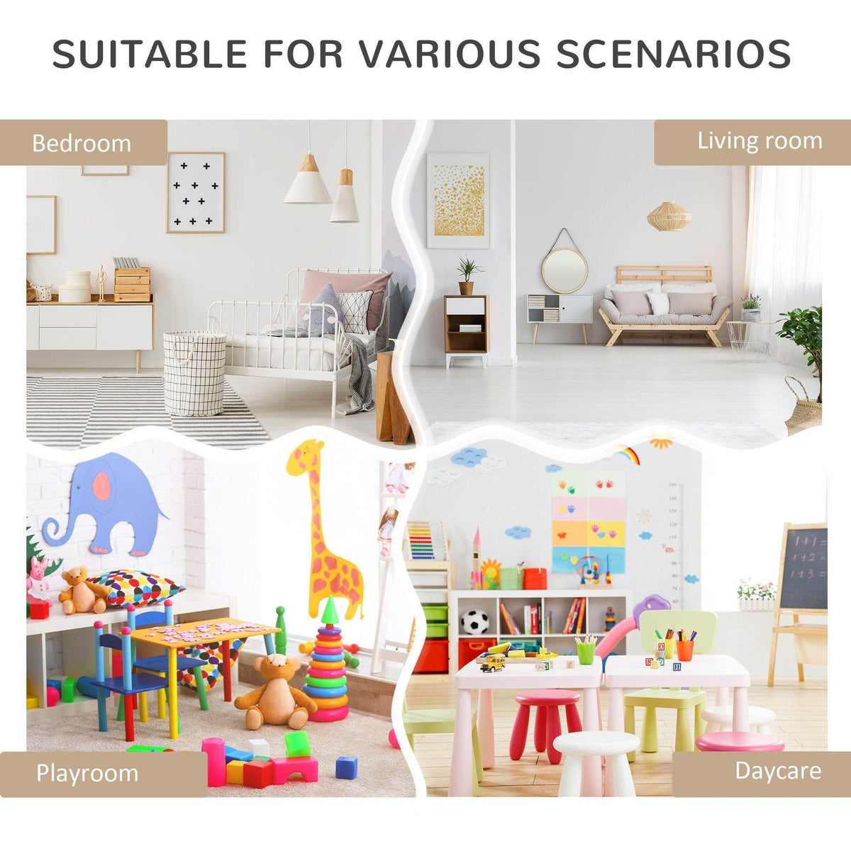 White kids bookshelf toy box shown in multiple room settings for organizing books and toys.