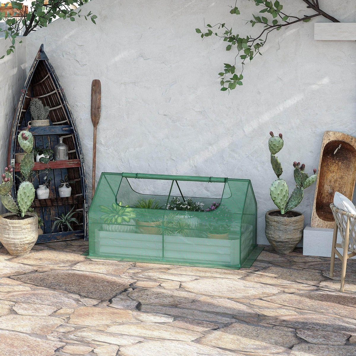 Green greenhouse cover raised garden bed planter box with transparent side panels