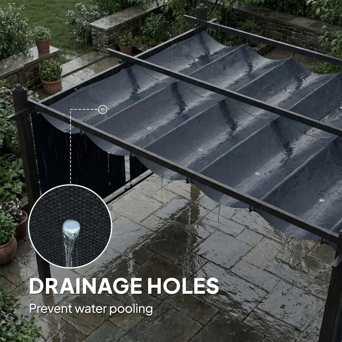 Dark grey retractable canopy with drainage holes to prevent water pooling