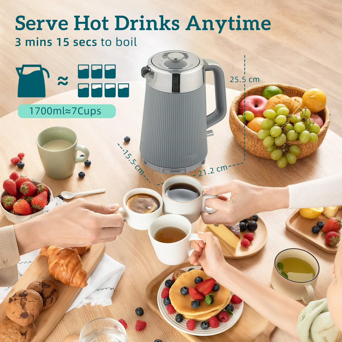 Taupe electric kettle set, with cups and breakfast items on table
