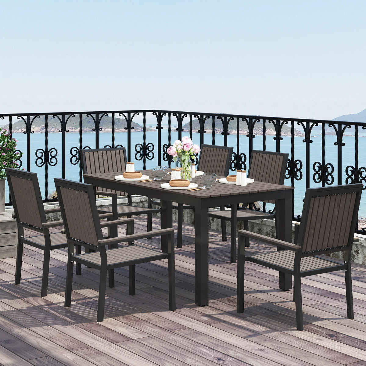 6-seat outdoor dining set with rectangular brown tabletop and stackable dark chairs