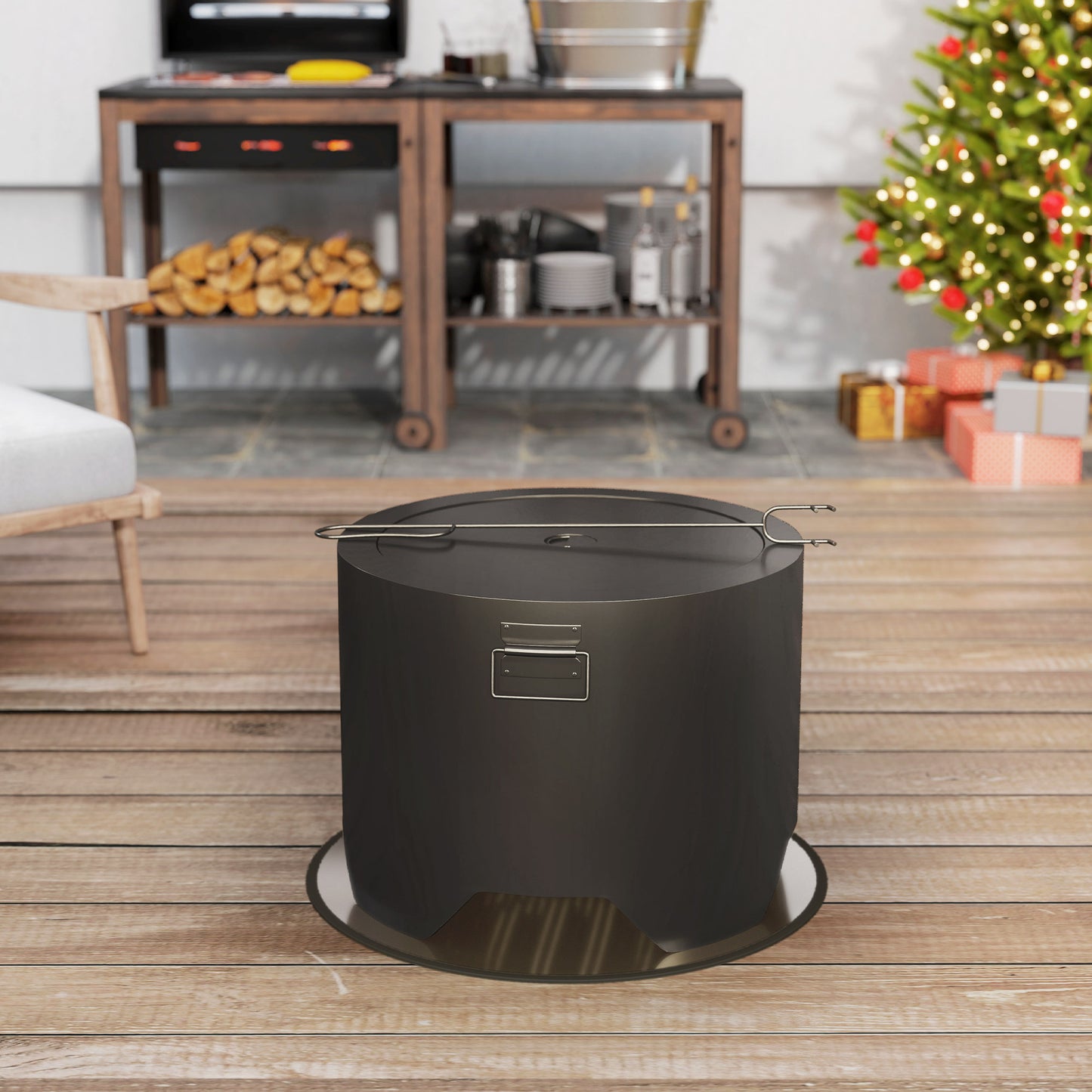 Outsunny Outdoor Round Fire Pit With Lid And Fire Poker In Black For Safe Marshmallow Roasting And Cozy Garden Nights