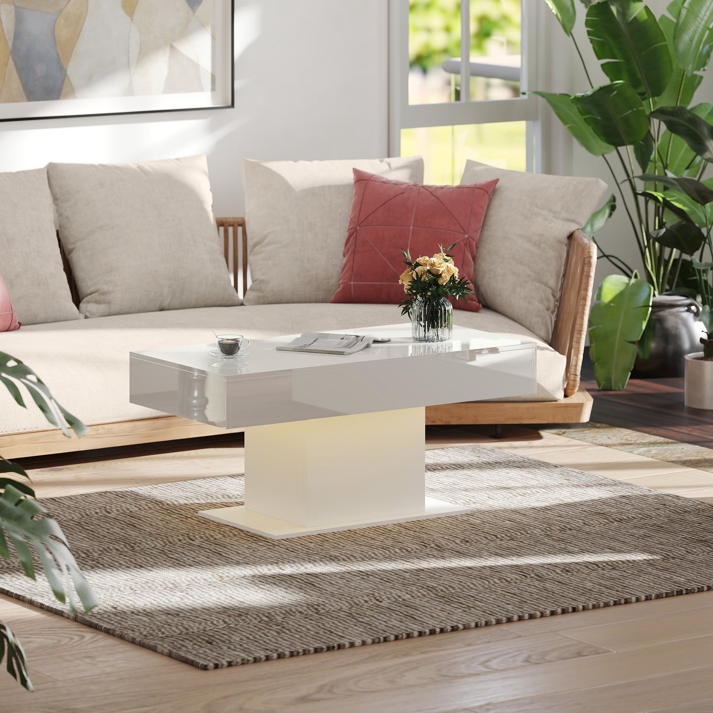 HOMCOM Extendable Coffee Table with LED Lights and Hidden Storage in High Gloss White