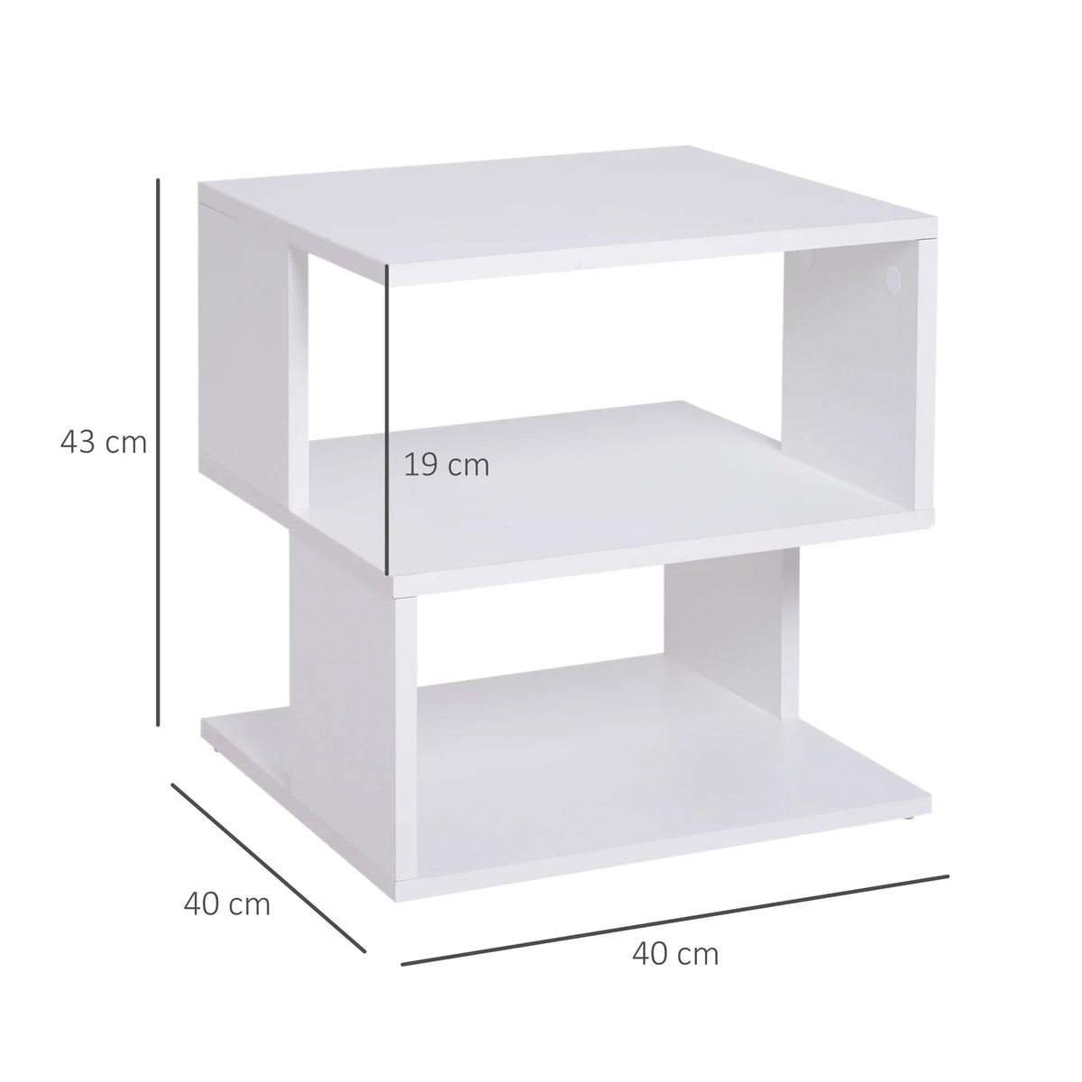 White square side table with two-tier open shelving and a centered storage cubby.