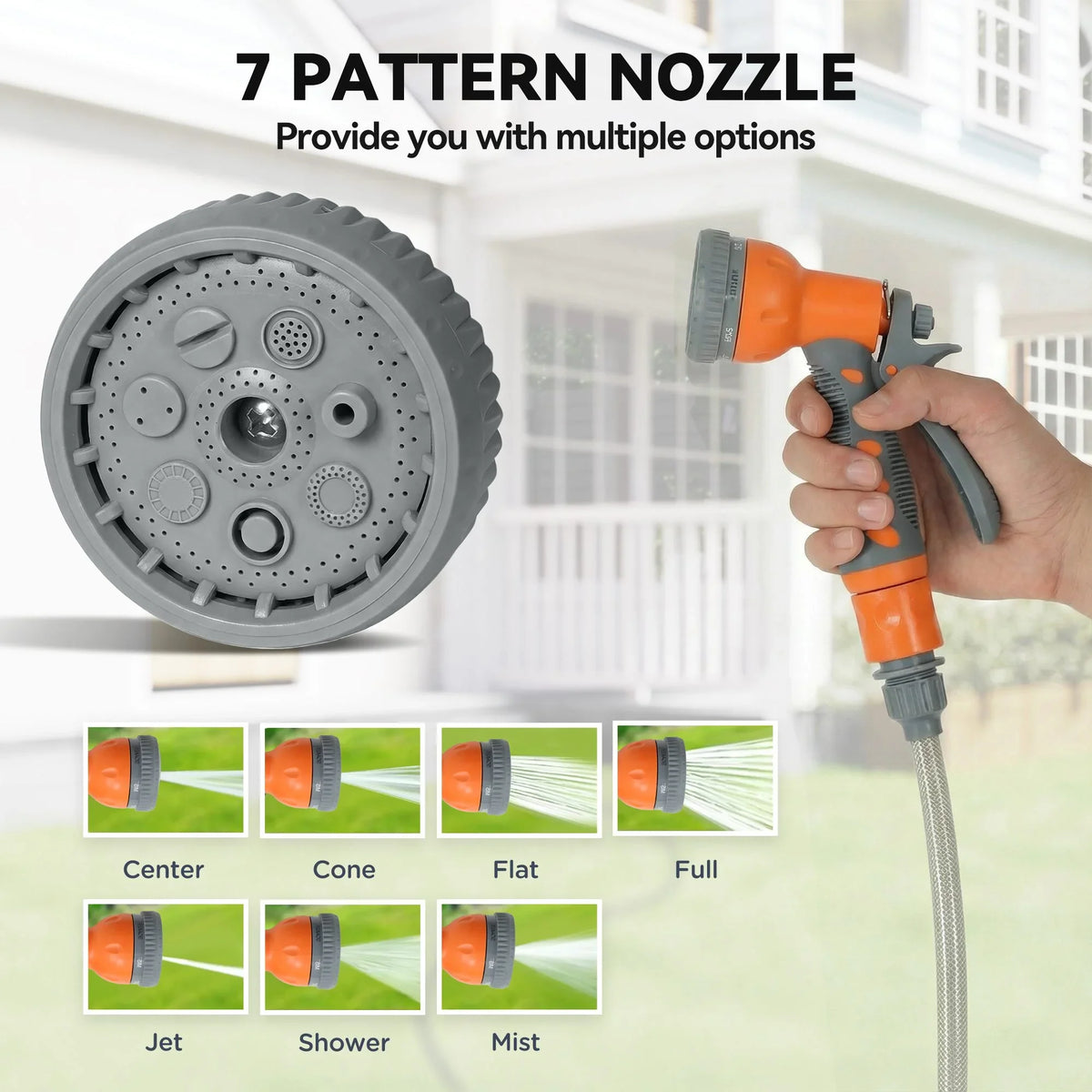 7-pattern spray nozzle with orange handle and grey multi-spray head