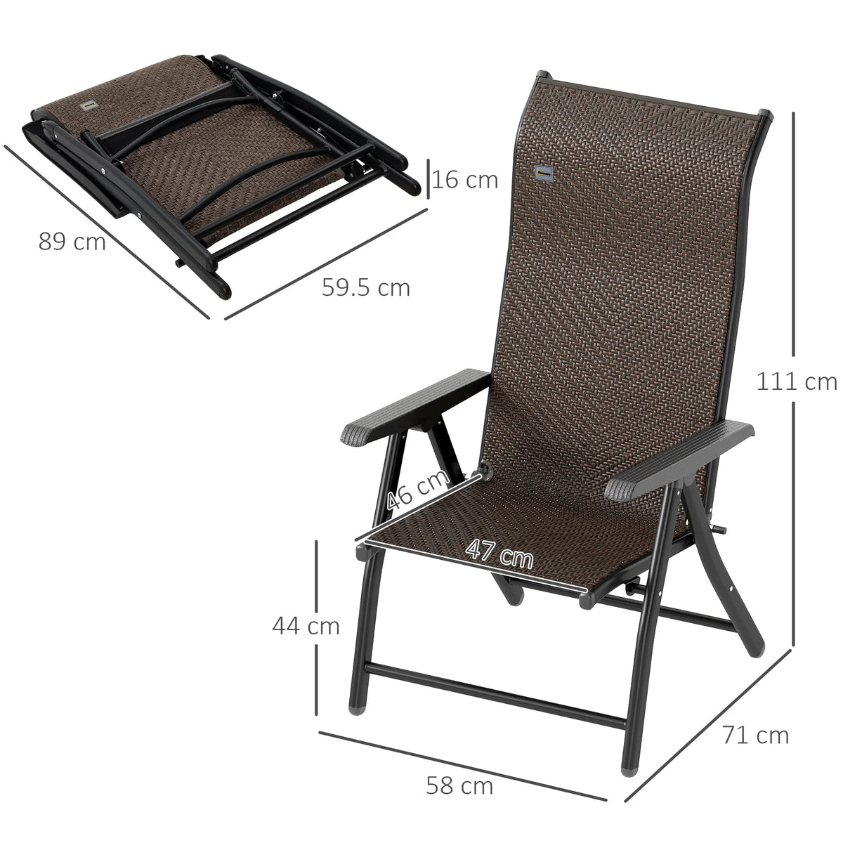 Dark brown folding garden chair with seven-position adjustable back, steel frame, woven seat