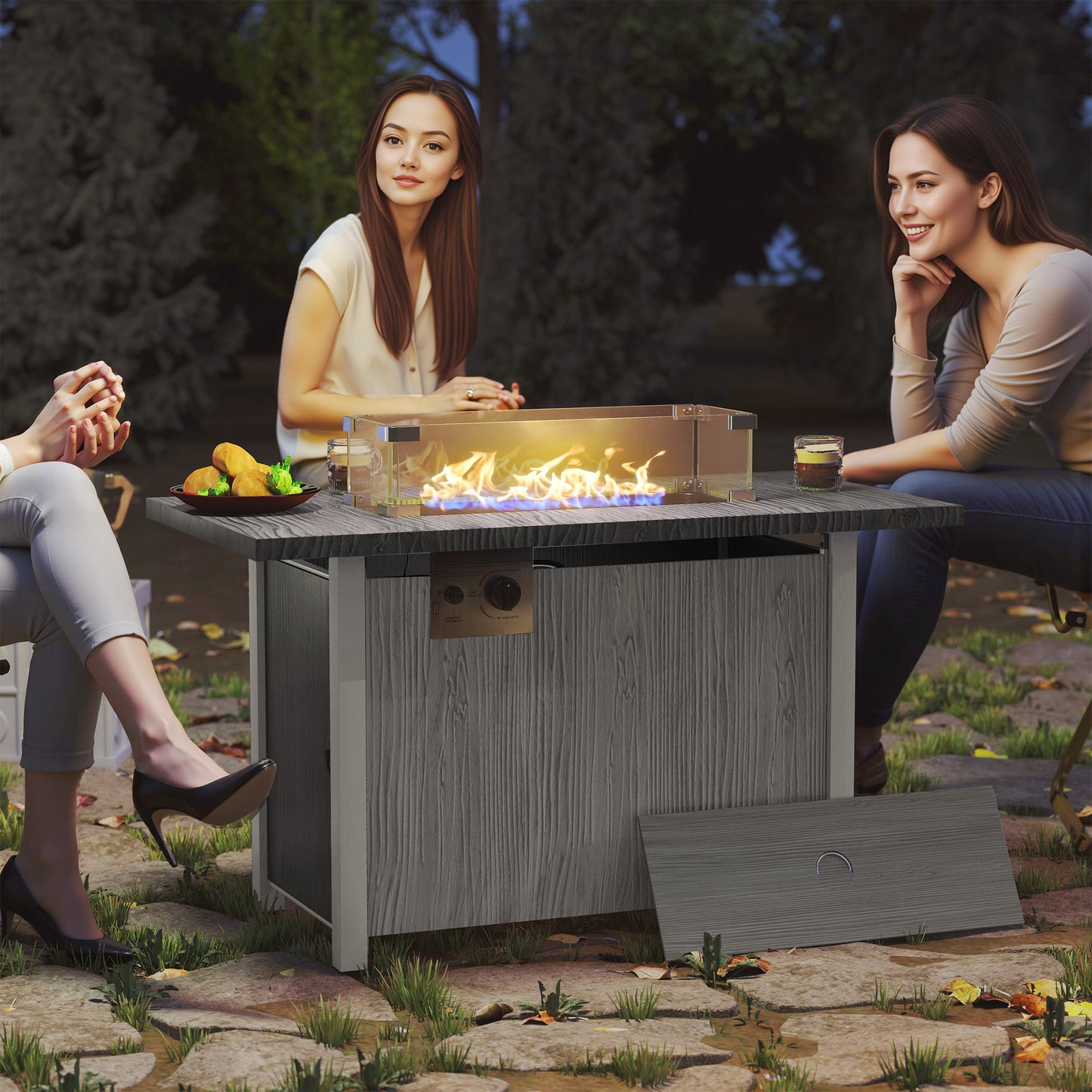 Outsunny 50000 BTU Gas Fire Pit Table With Cover And Glass Screen Dark Grey For Outdoor Dining And Warmth