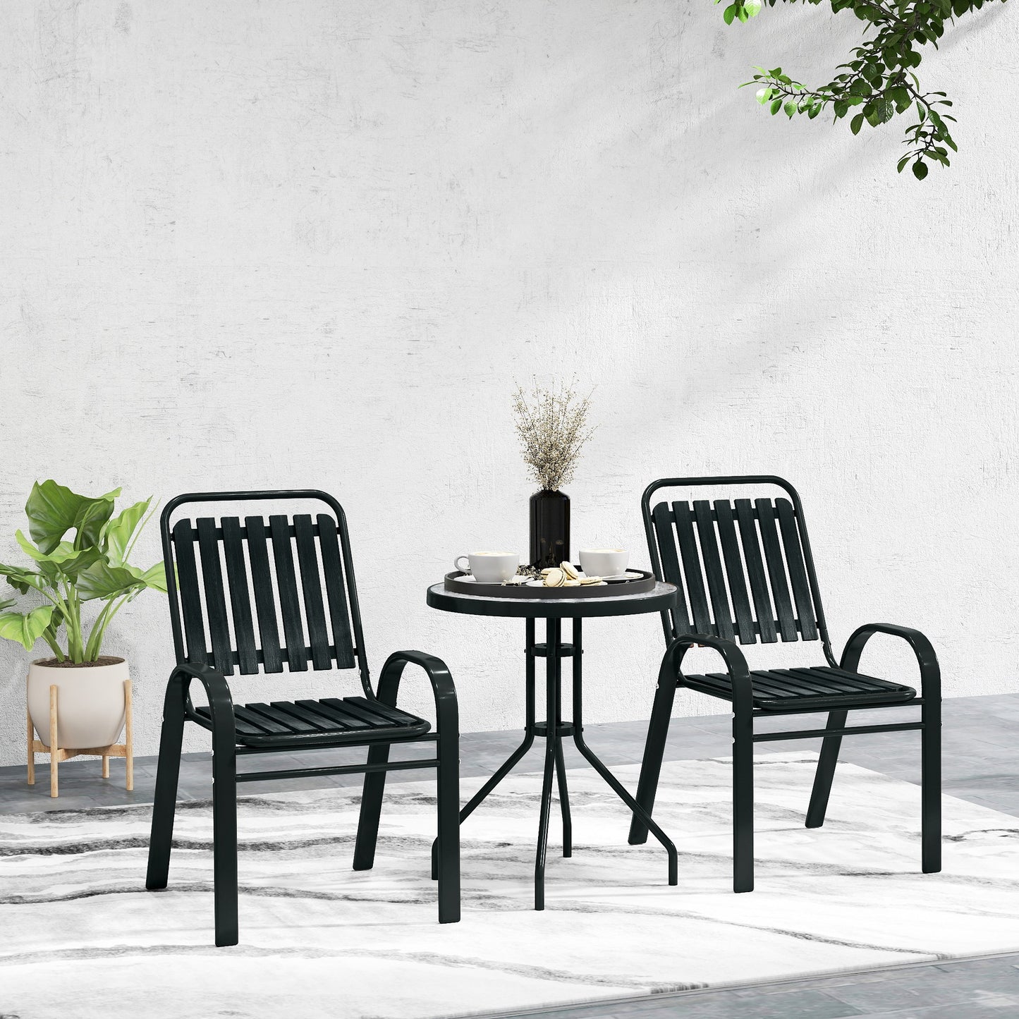 Outsunny 3 Piece Patio Bistro Set With Stackable Chairs And Tempered Glass Table For Balcony Garden Charcoal Grey