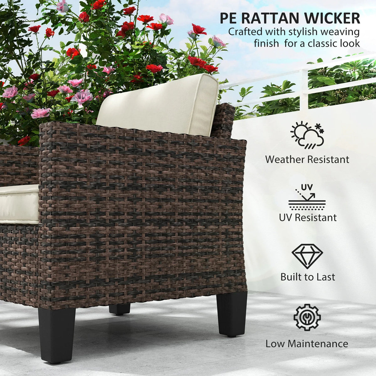 Dark brown rattan armchair with beige cushions and wide weave backrest
