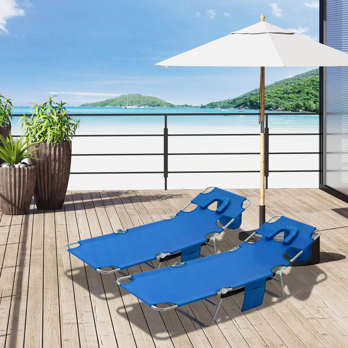 Portable blue sun lounger set with adjustable backrest and face padded hole