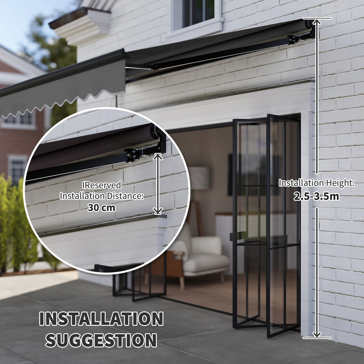 Dark grey retractable awning with wall-mounted brackets and installation height marks
