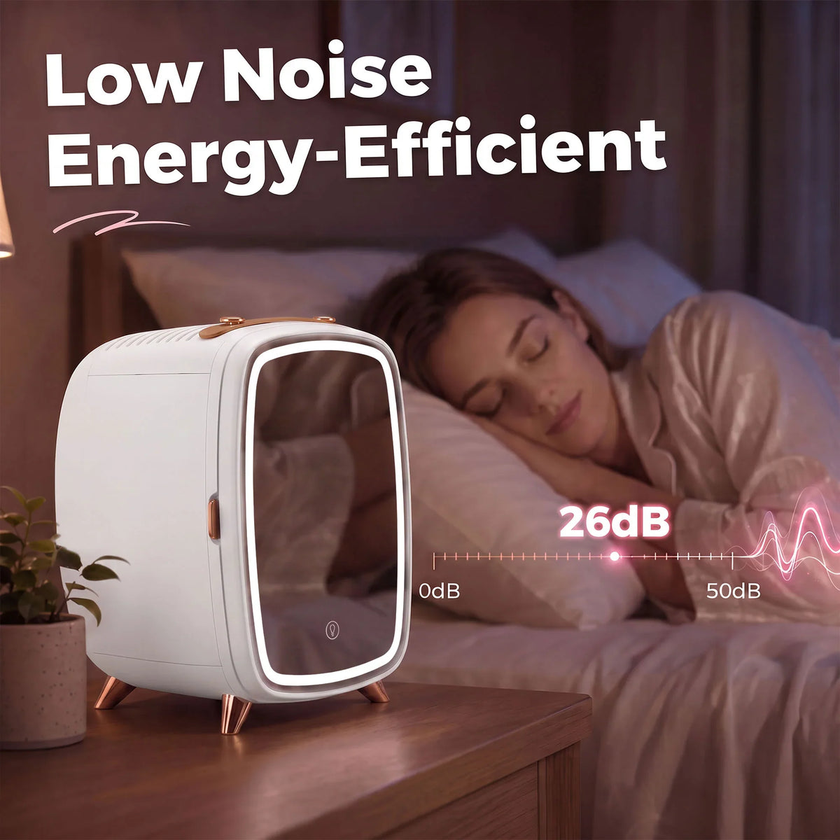 White skincare refrigerator on bedside table with glowing mirror frame, low-noise operation