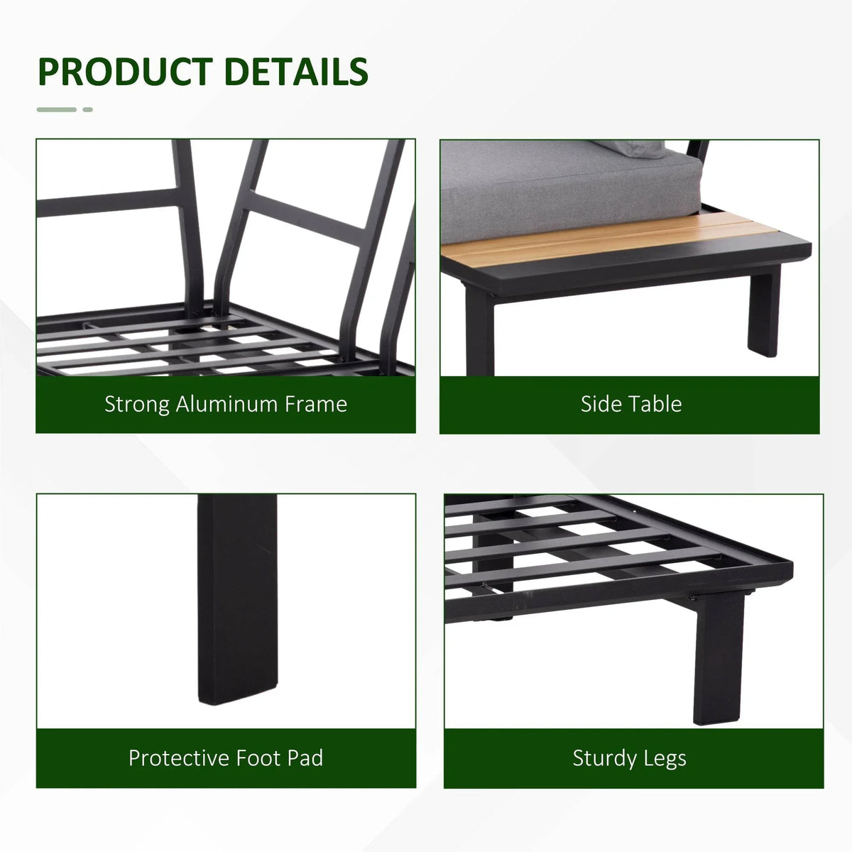 Dark grey sofa side table with sturdy aluminum frame and protective foot pads