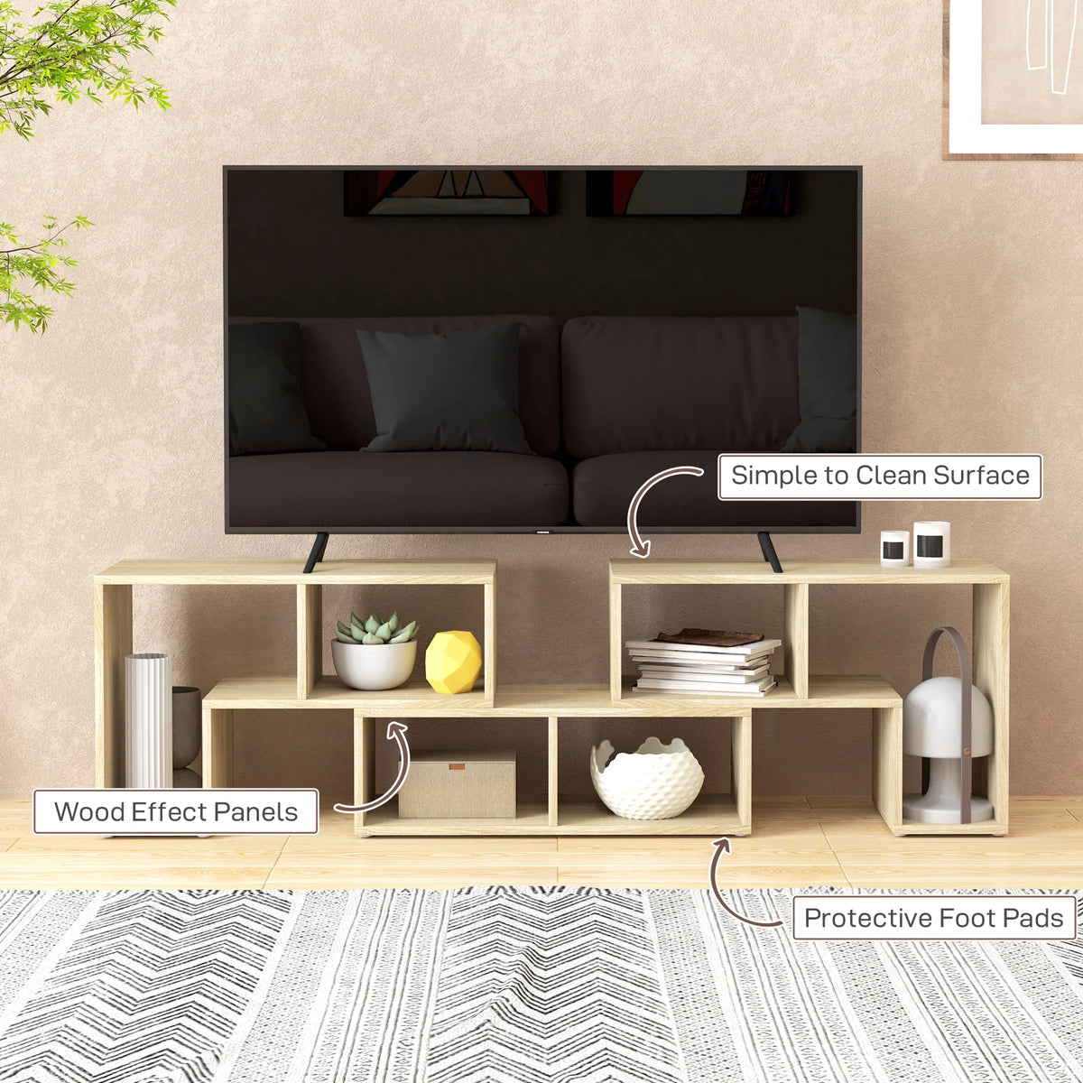 Light grey wood-effect TV stand with open shelving and panel design details