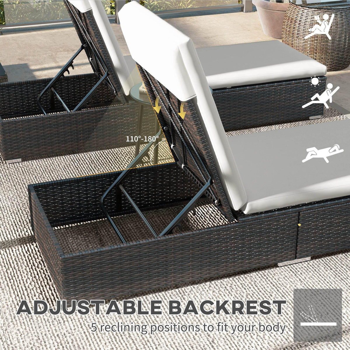 Adjustable rattan sun lounger with cream cushion; lift-open storage base
