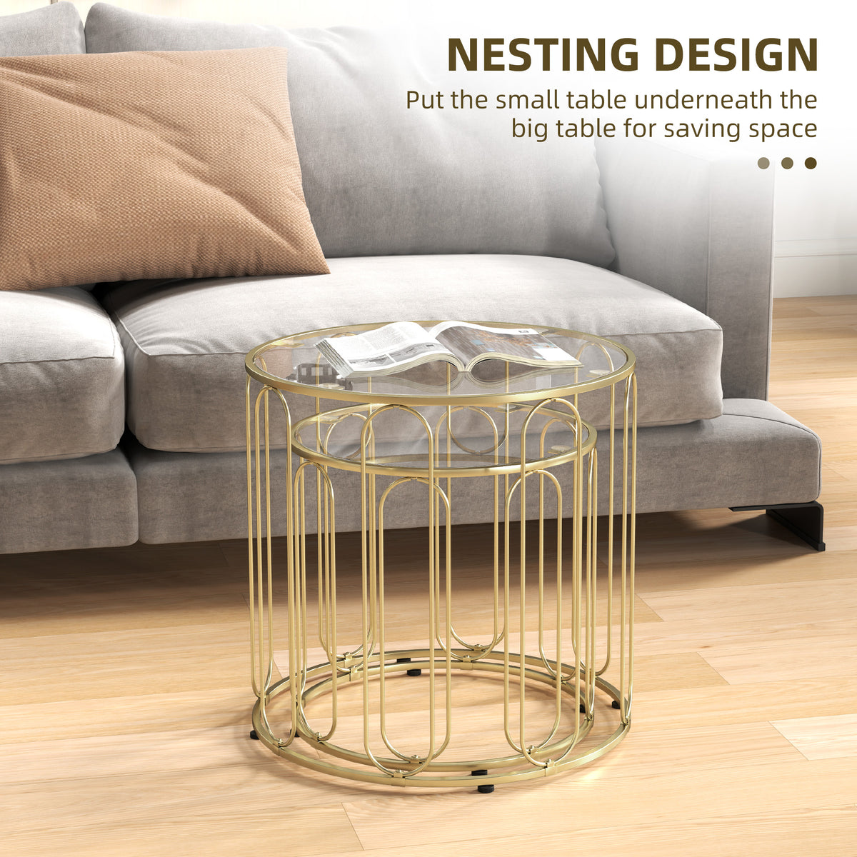 Gold-tone oval glass nesting table set with wire ring base for space saving