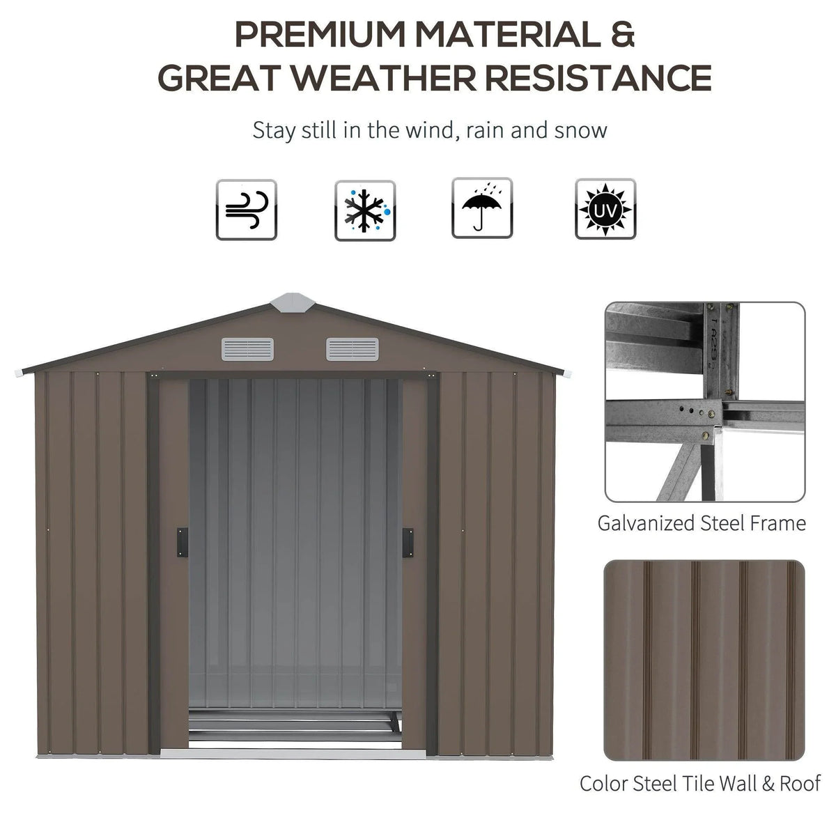 Brown metal garden shed with double sliding doors, galvanized steel frame, and steel roof.