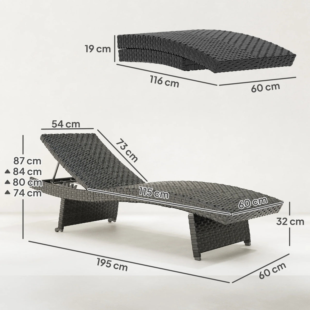 Black PE rattan sun lounger with 4-position reclining back, folding design